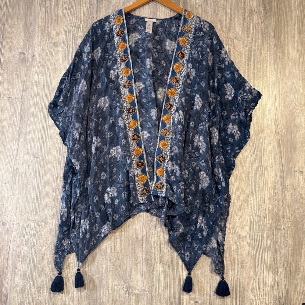Pure Jill Embroidered Poncho Kimono Topper Blue Gold Tassel Boho Hippie Coastal